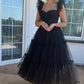 Sexy A line Straps Tulle Black Prom Dresses With Ruffles C1096