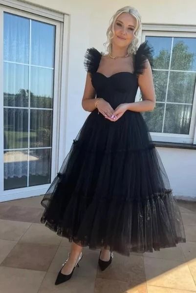 Sexy A line Straps Tulle Black Prom Dresses With Ruffles C1096