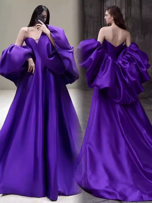 Simple A line Off The Shoulder Satin Grape Long Prom Dresses C109