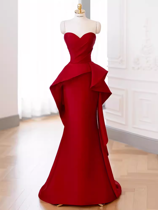 Modest Mermaid Strapless Red Satin Long Prom Dresses C10