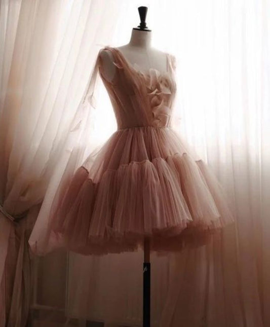 Vintage Ball Gown Straps Pink Tulle Homecoming Dress 18th Birthday Outfits C1104