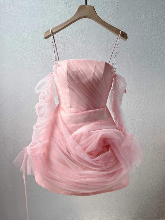 Robe de soirée en Tulle rose, ligne A, épaules dénudées, tenue d'anniversaire, C1110