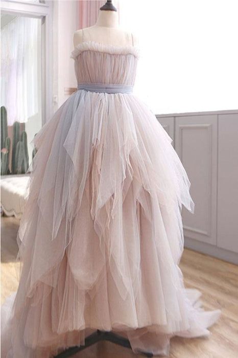 Vintage A Line Spaghetti Straps Blush Puffy Ruffles Prom Dresses C1113