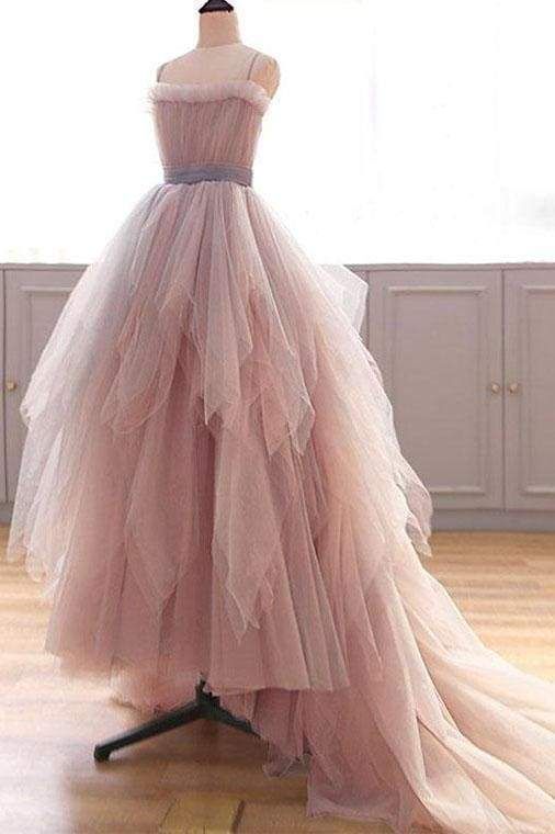 Vintage A Line Spaghetti Straps Blush Puffy Ruffles Prom Dresses C1113