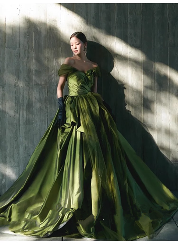 Ball Gown Off The Shoulder Green Satin Long Prom Dresses C112