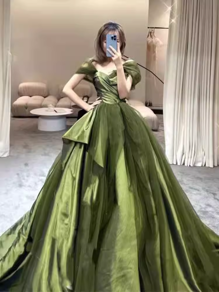 Robe de bal longue en Satin vert, épaules dénudées, robes de bal C112