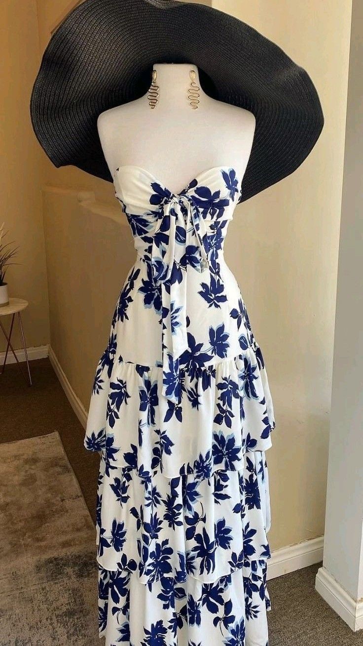 Simple A line Strapless Sleeveless Royal Blue Floral Prom Dress C1130