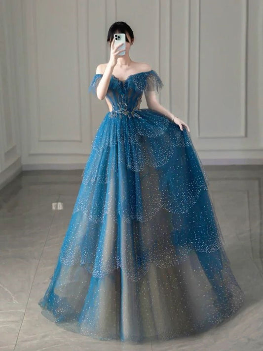 Modest A line Off The Shoulder Cap Sleeves Tulle Beads Royal Blue Prom Dress C1134