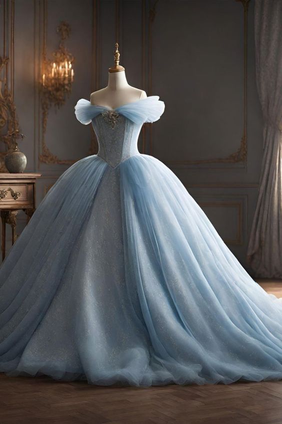 Modest Ball Gown Off The Shoulder Tulle Long Light Sky Blue Sweet 16 Dress Prom Dresses C1139