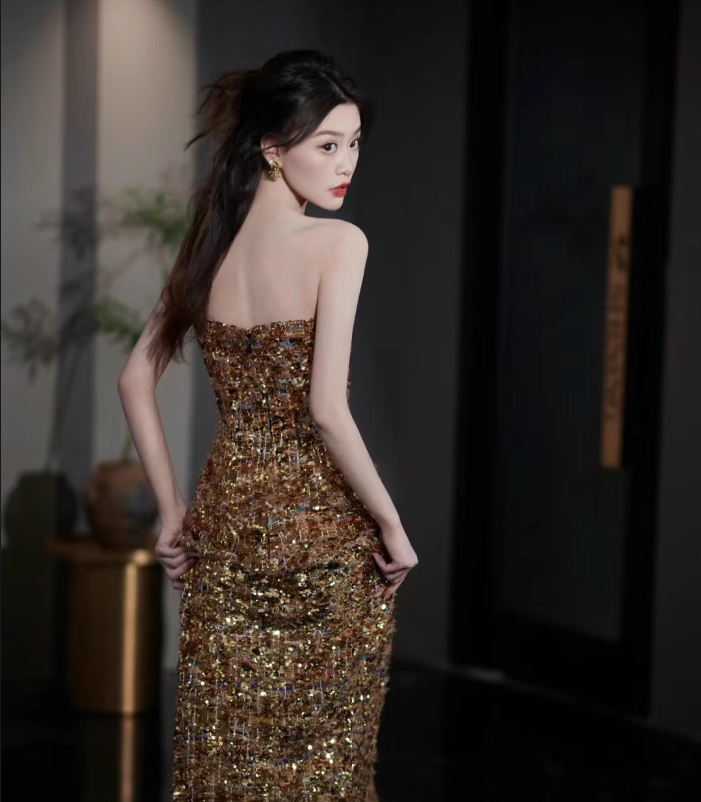 Sheath Strapless Sequin Gold Long Prom Dresses C113