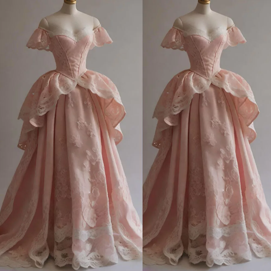 Retro Ball Gown Off The Shoulder Pink Satin Lace Long Prom Dress C1143