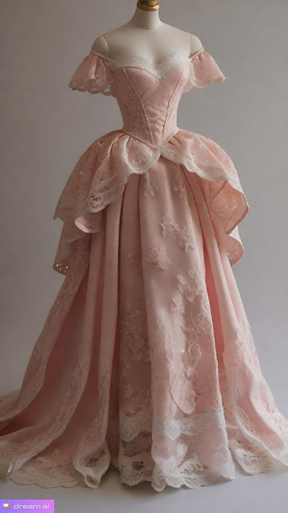 Robe de bal rétro à épaules dénudées en satin rose et dentelle longue robe de bal C1143