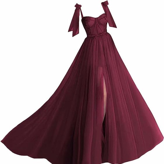 Vintage A line Straps Burgundy Tulle Long Evening Dress Prom Dresses C1145