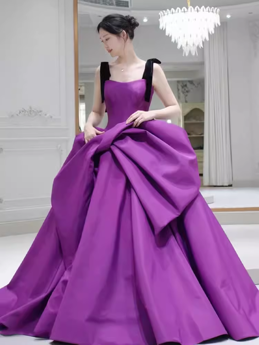 Ball Gown Straps Satin Grape Satin Long Prom Dresses C114