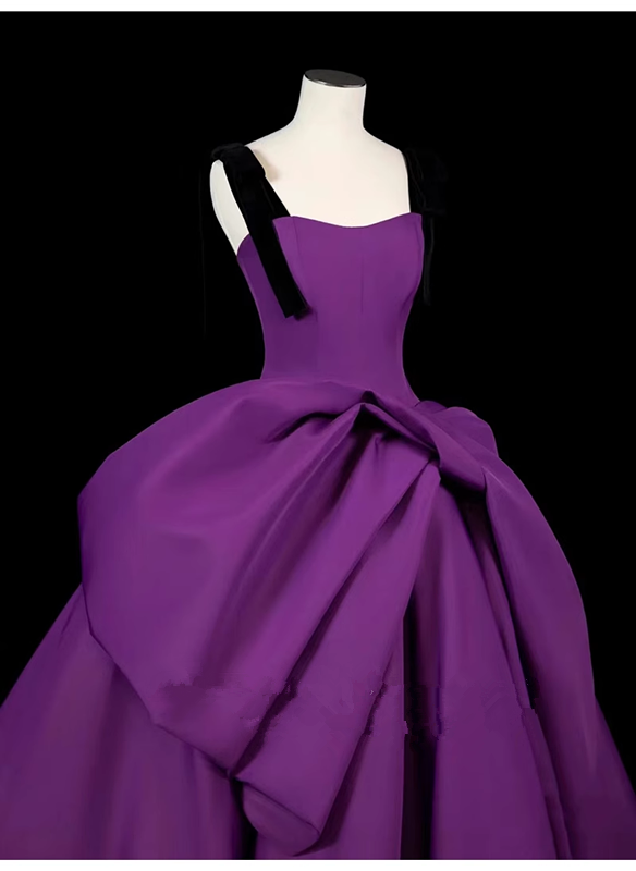 Ball Gown Straps Satin Grape Satin Long Prom Dresses C114