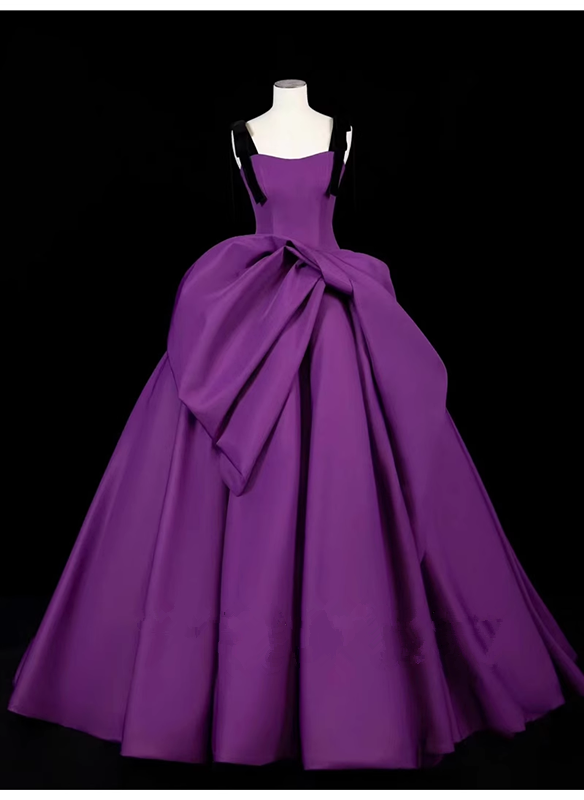 Ball Gown Straps Satin Grape Satin Long Prom Dresses C114