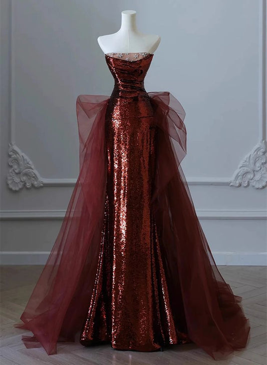 Elegant Mermaid Strapless Sequin Burgundy Long Prom Dresses C1150