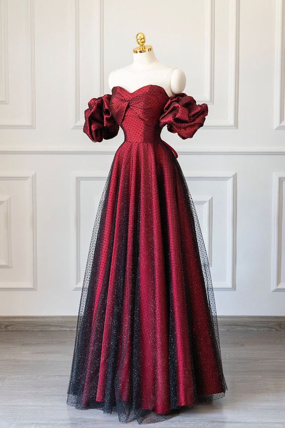 Vintage A line Off The Shoulder Burgundy Tulle Long Evening Dress Prom Dresses C1151