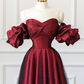 Vintage A line Off The Shoulder Burgundy Tulle Long Evening Dress Prom Dresses C1151