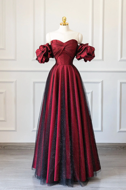 Vintage A line Off The Shoulder Burgundy Tulle Long Evening Dress Prom Dresses C1151