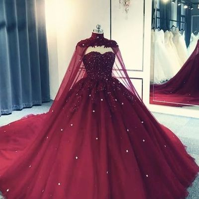 Elegant Hot Ball Gown Lace Burgundy Quinceanera Dresses With Cape Long Prom Dresses C1152