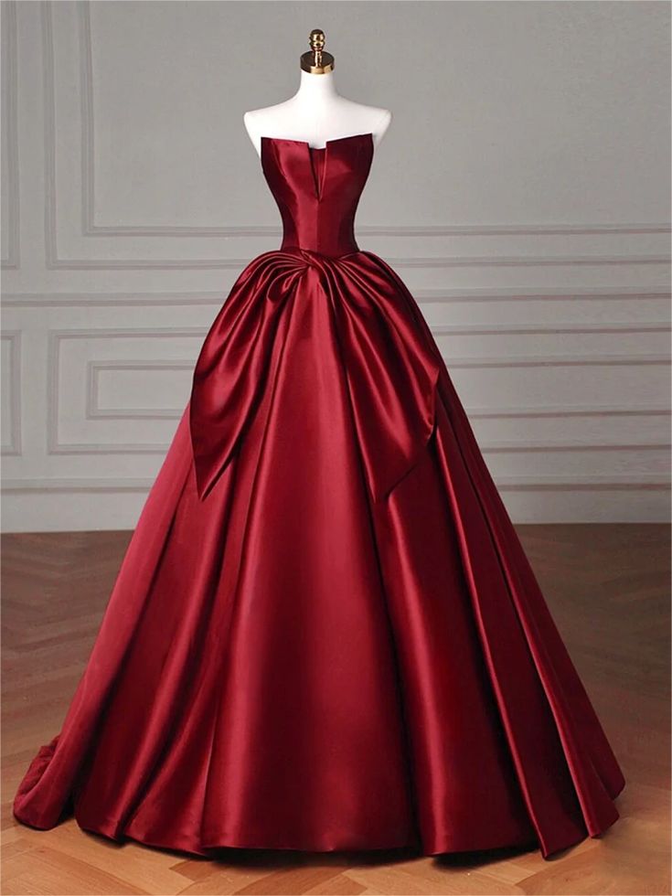 Vintage A line Strapless Burgundy Satin Long Evening Dress Prom Dresses C1153