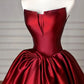 Vintage A line Strapless Burgundy Satin Long Evening Dress Prom Dresses C1153