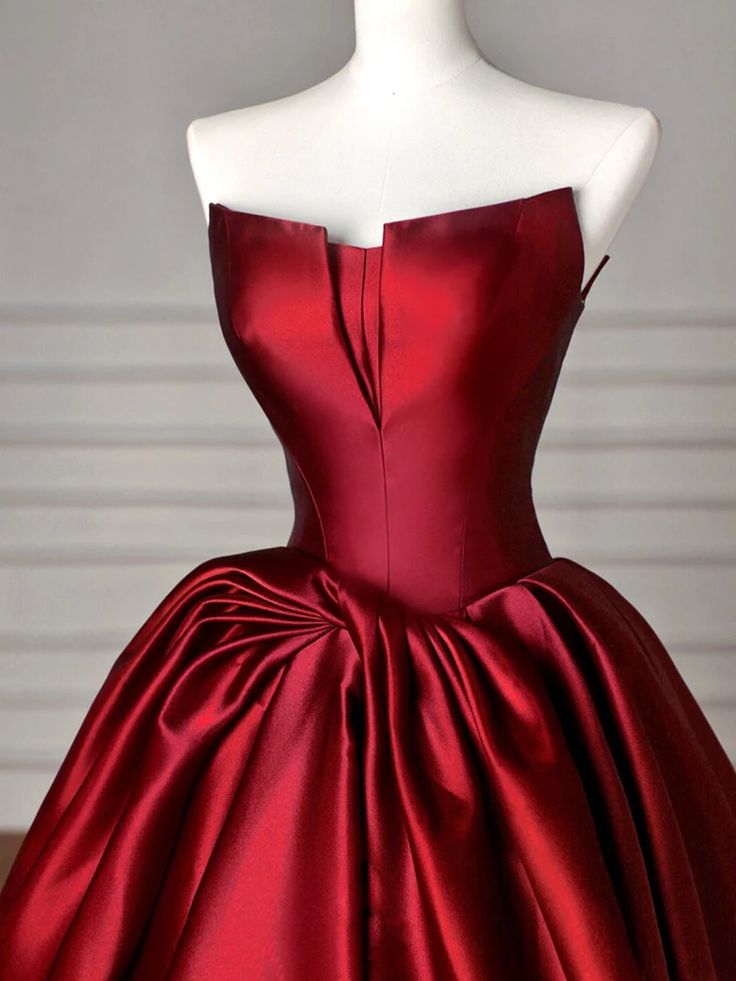 Vintage A line Strapless Burgundy Satin Long Evening Dress Prom Dresses C1153