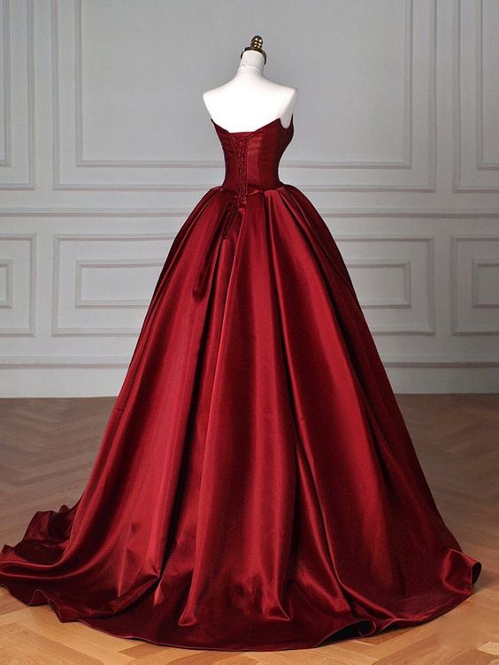 Vintage A line Strapless Burgundy Satin Long Evening Dress Prom Dresses C1153