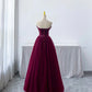 Vintage A line Strapless Burgundy Tulle Evening Dress Prom Dresses C1155