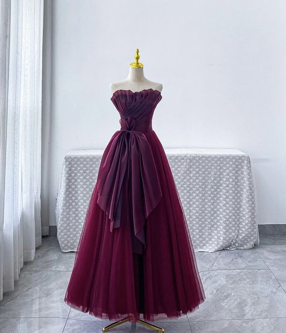 Vintage A line Strapless Burgundy Tulle Evening Dress Prom Dresses C1155