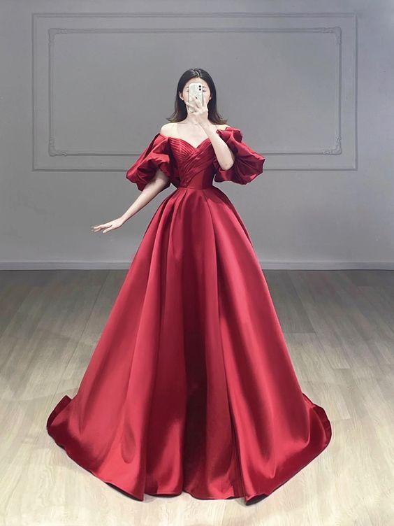 Vintage Ball Gown Off The Shoulder Burgundy Satin Evening Dress Prom Dress C1159