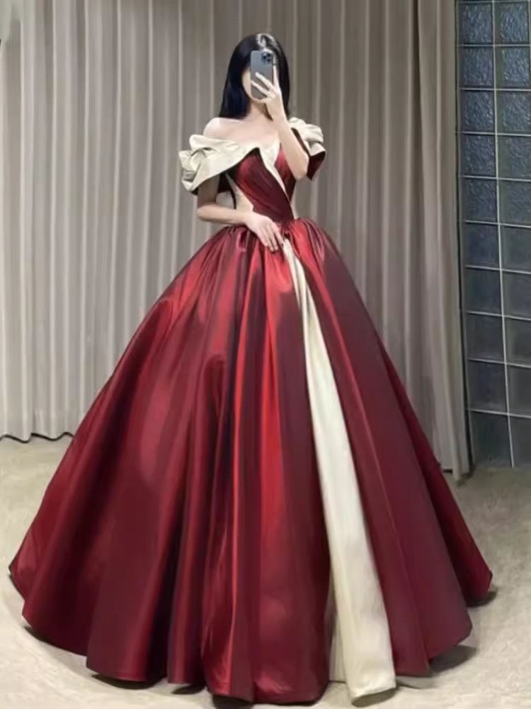 Ball Gown Off The Shoulder Satin Burgundy Long Prom Dresses C115