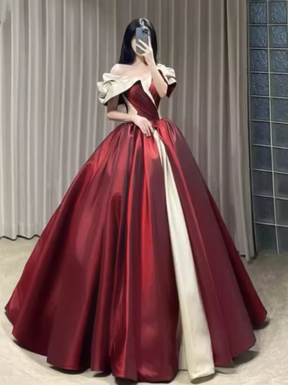 Ball Gown Off The Shoulder Satin Burgundy Long Prom Dresses C115