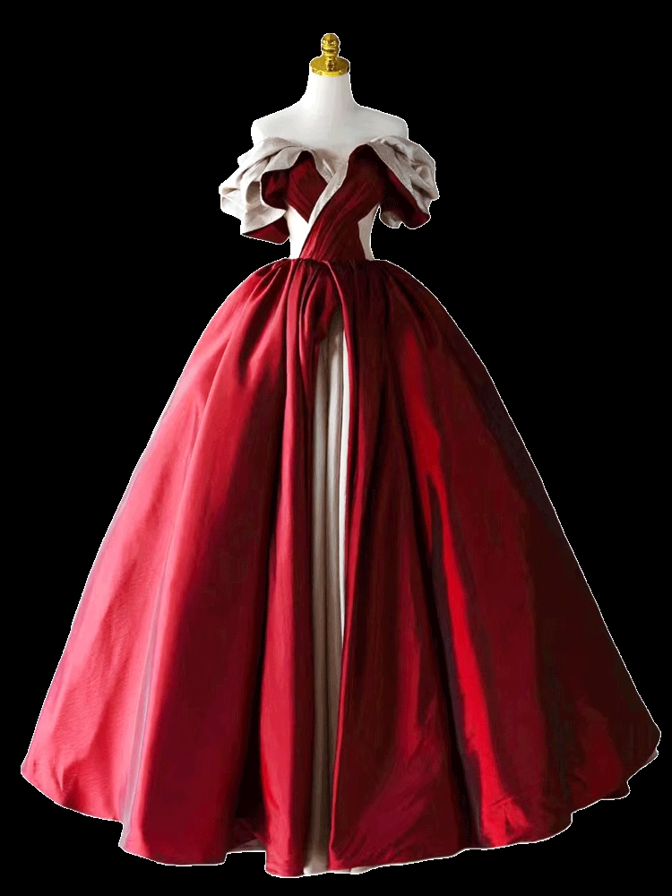 Ball Gown Off The Shoulder Satin Burgundy Long Prom Dresses C115