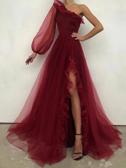 Vintage A line One Shoulder Long Sleeve Burgundy Slit Evening Dress Prom Dress C1160