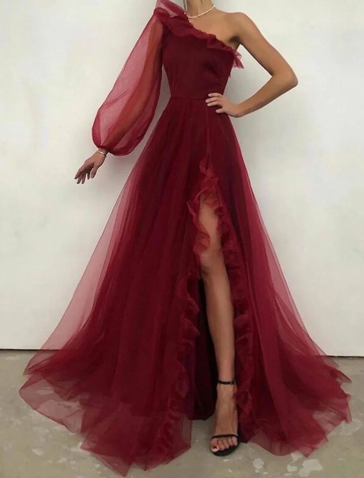 Vintage A line One Shoulder Long Sleeve Burgundy Slit Evening Dress Prom Dress C1160