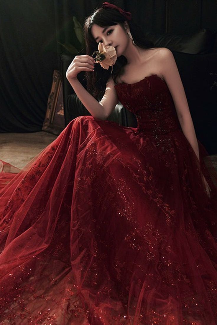 Burgundy Tulle Long Lace Prom Dresses, Wine Red Tulle Long Lace Formal Evening Dress C1163