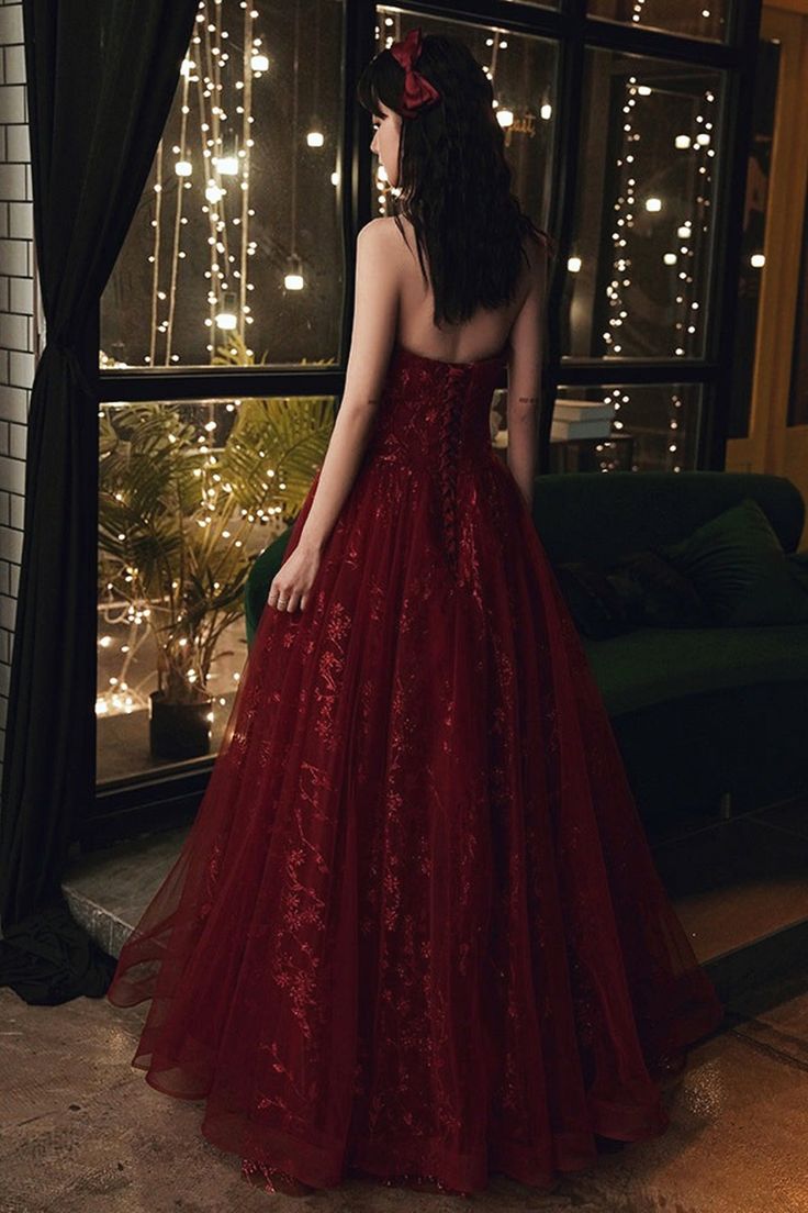 Burgundy Tulle Long Lace Prom Dresses, Wine Red Tulle Long Lace Formal Evening Dress C1163