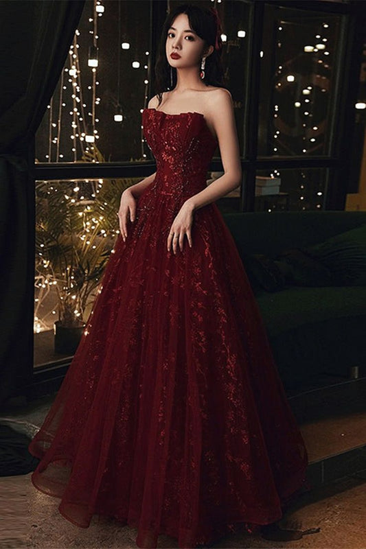 Burgundy Tulle Long Lace Prom Dresses, Wine Red Tulle Long Lace Formal Evening Dress C1163