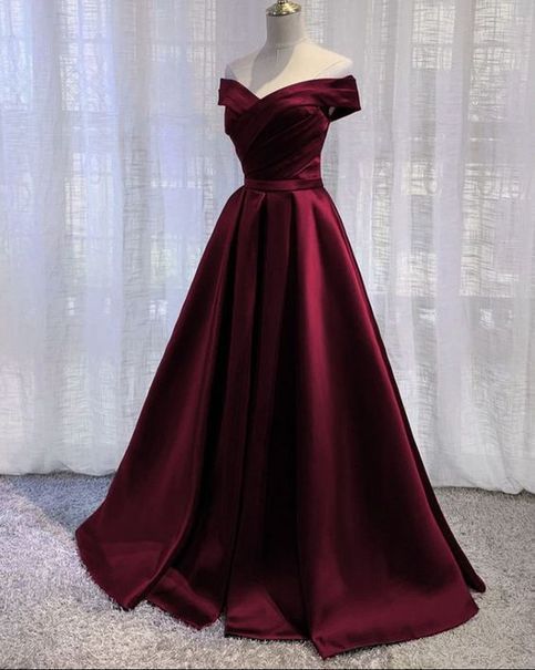 Vintage A line Off The Shoulder Burgundy Satin Evening Dress Prom Dress C1164