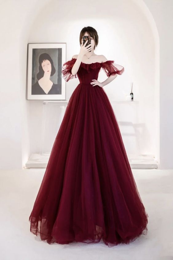 Burgundy Tulle Long Prom Dresses Wine Red Tulle Formal Evening Dress C1165