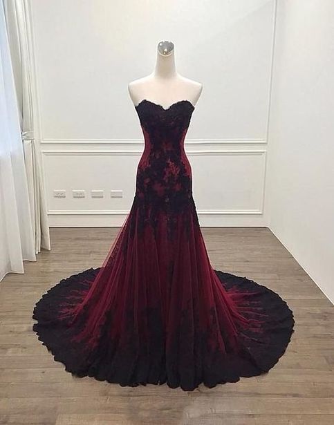 Vintage Mermaid Strapless Burgundy Lace Evening Dress Prom Dress C1166