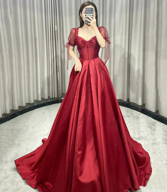 Vintage A line Sweetheart Burgundy Satin Evening Dress Prom Dress C1167