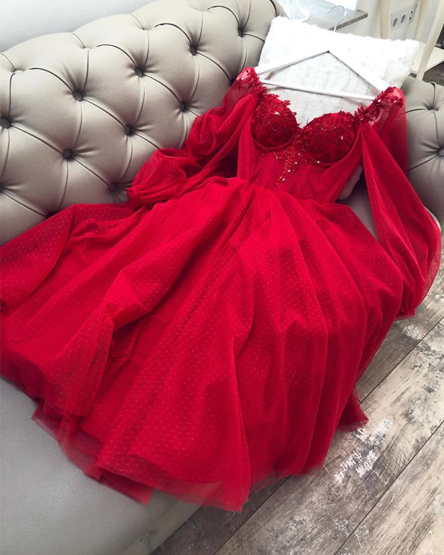 Cute A Line Long Sleeves Red Burgundy Tulle Ankle Length Prom Dress C1169