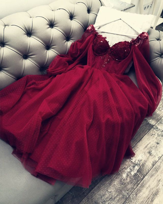 Cute A Line Long Sleeves Red Burgundy Tulle Ankle Length Prom Dress C1169