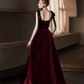 Simple A Line Burgundy Velvet Long Prom Dresses C116