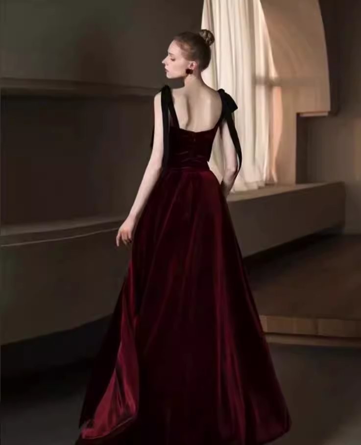 Robes de bal longues en velours bordeaux simples, ligne A, C116