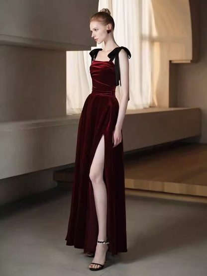 Simple A Line Burgundy Velvet Long Prom Dresses C116