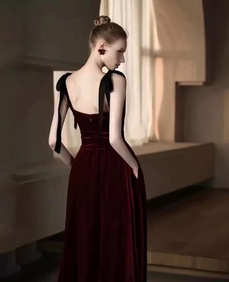 Simple A Line Burgundy Velvet Long Prom Dresses C116